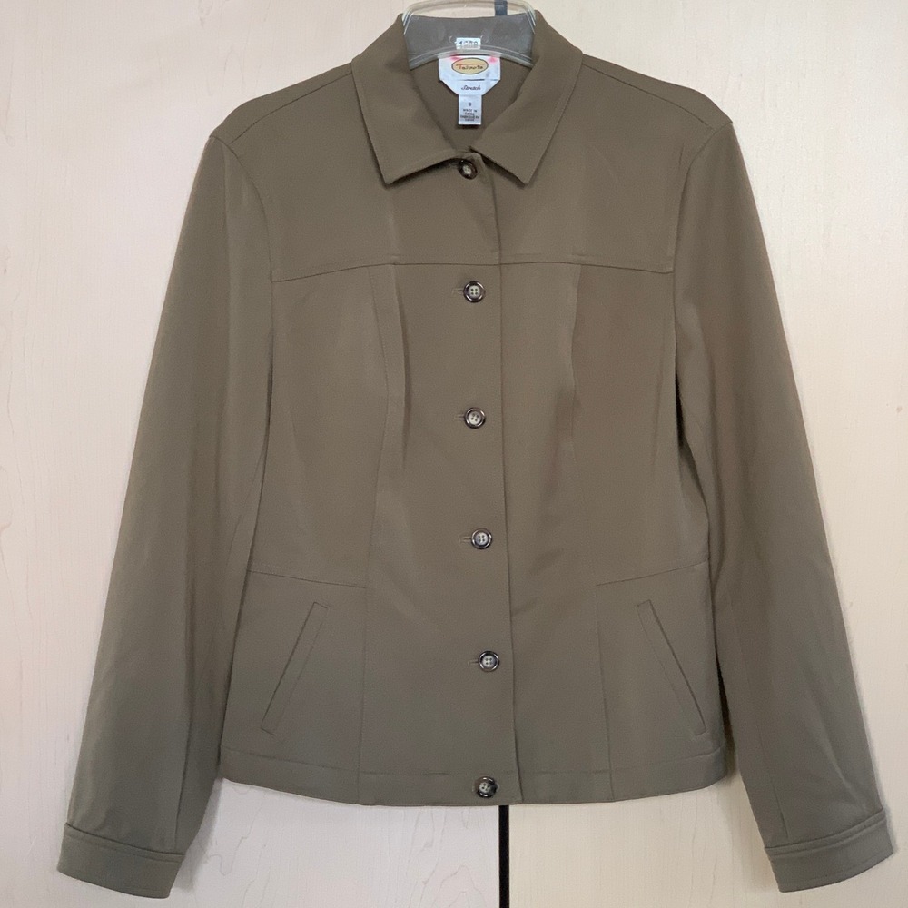 Talbots Women's Stretch Button Front Collared Jacket Olive‎ Green Size 8